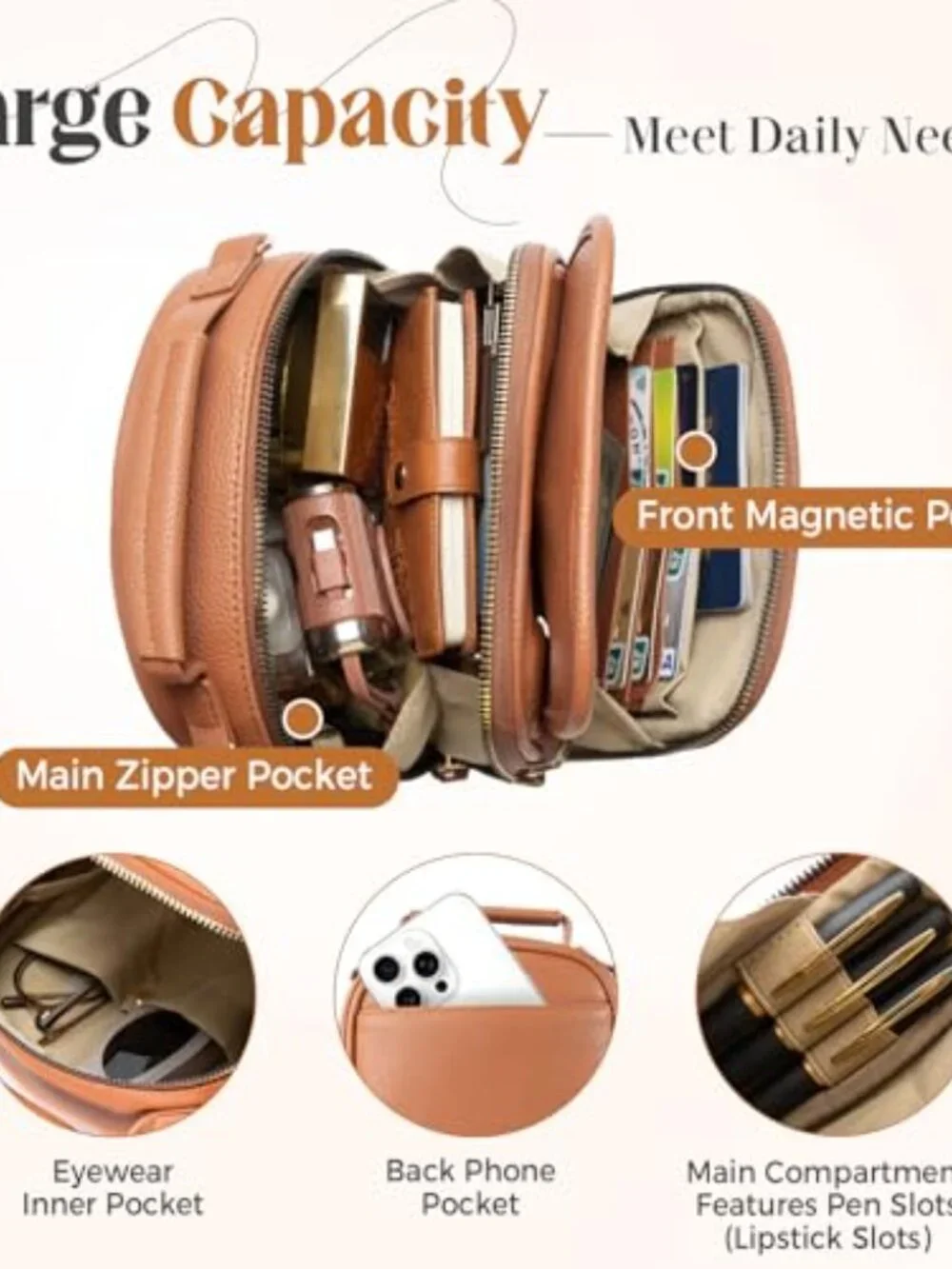 Vegan Leather Crossbody Bag with 2 Straps Anti Theft RFID